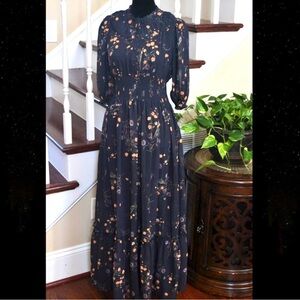 Eshakti Romantic Navy High Collared Peasant Smocked waist Maxi Dress CUSTOM 10